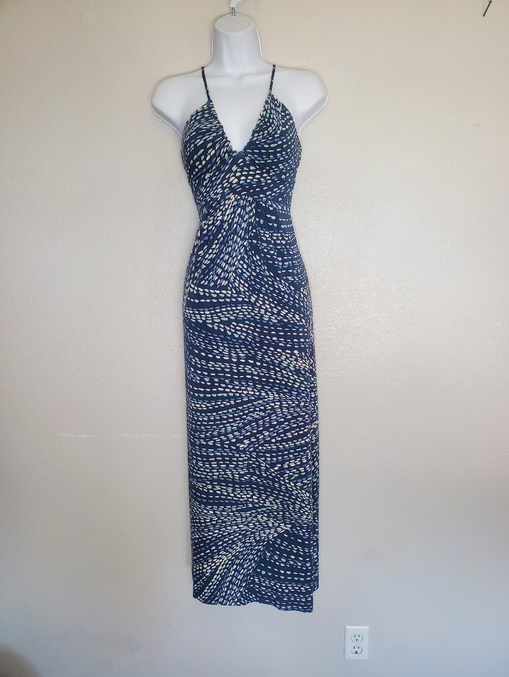 Vintage 90s BCBG Paris Blue Lavender Patterned Spaghetti-Strap Maxi Dress Small